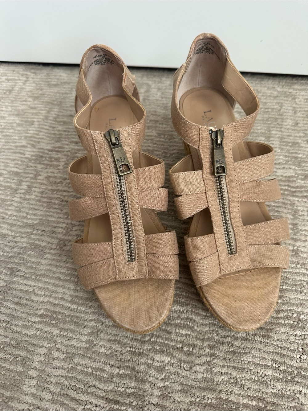 Polo Ralph Lauren Lattice Front-Zip Strappy Wedge Sandals in Beige